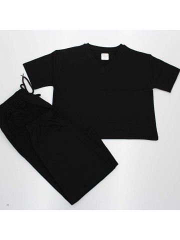 Stylebees Women Cotton V Neck Crop Top with Jogger Pants Set -BLACK