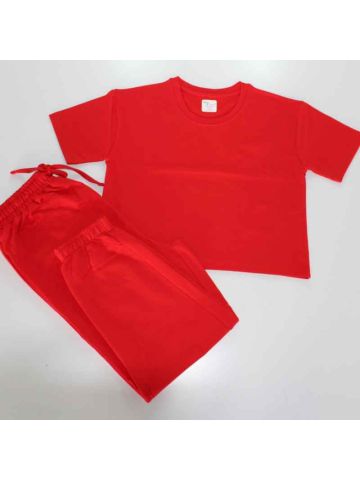 Stylebees Women Cotton R Neck Crop Top with Jogger Pants Set -RED