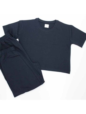 Stylebees Women Cotton R Neck Crop Top with Jogger Pants Set -Navy Blue