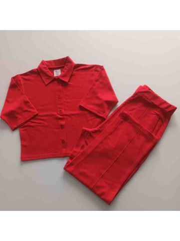 Stylebees Women Cotton Collar Neck Top with FLAIR Pants Set -RED