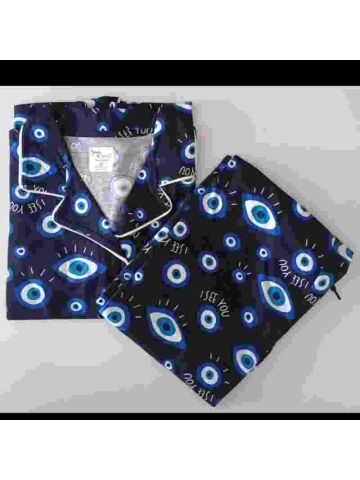 Stylebees Printed Women Cotton Shirt with Pants Set Evil Eye Print
