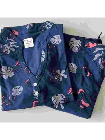 Stylebees Printed Women Cotton Chinese Colar with pant set Navy Blue
