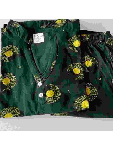 Stylebees Printed Women Cotton Chinese Colar with pant set Green