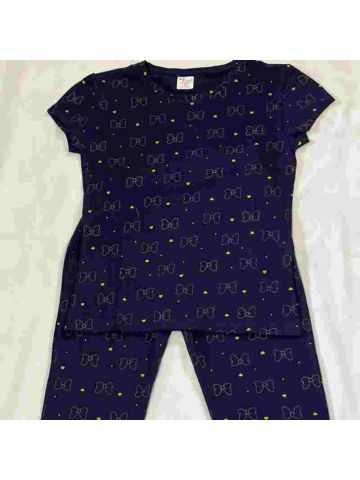 Stylebees Printed Women Cotton T-shirt with Pants Set -Dark Blue
